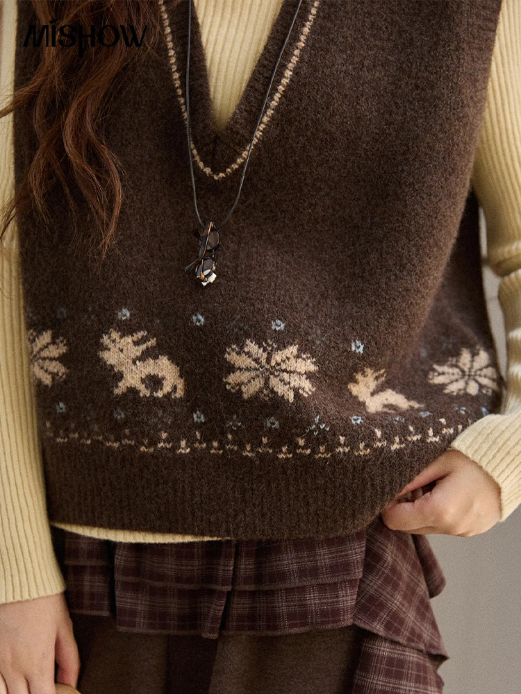 Mishow Retro Brown Jacquard V-Neck Sweater Vest MXE86Z2659