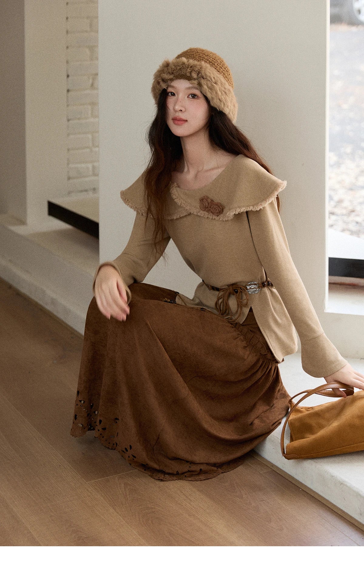 Mishow Retro Brown 3D Flower Decoration Round Neck Top MXE51Z2593