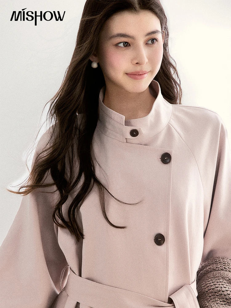 Mishow Dusty Pink Stand Collar Belted Trench MXF108W1002