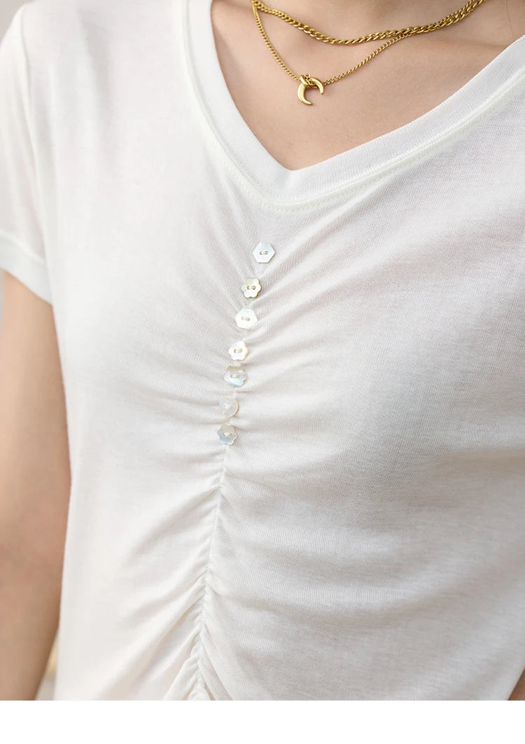 Mishow V-Neck Front Elastic Shell Button Tee MXE34T0560