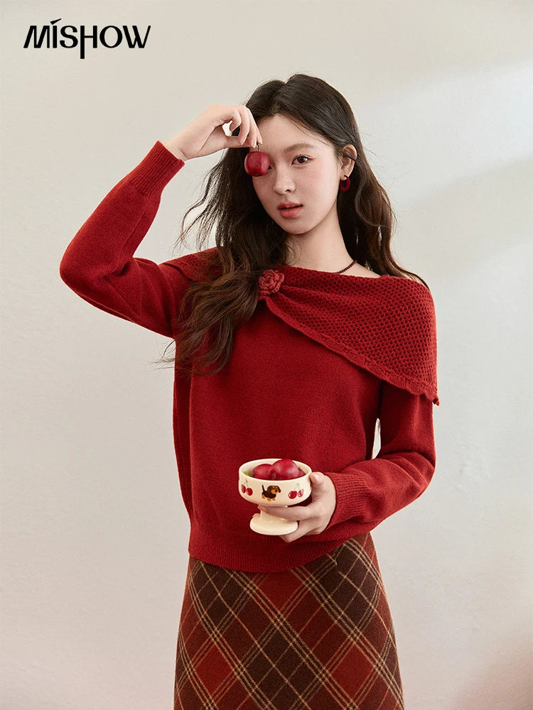 Mishow Christmas Red 3D Flower Alpaca Sweater MXE94Z2889