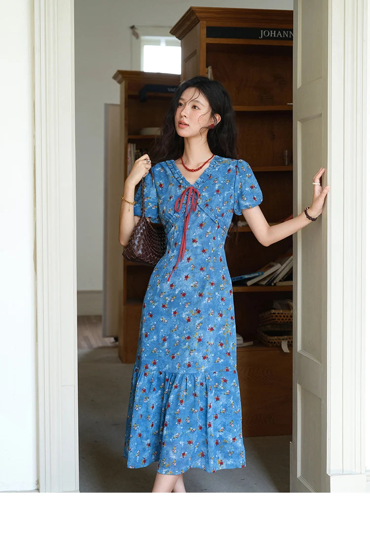 Mishow V-Neck Lace-Up Puff Sleeve Chiffon Dress MXE39L2401
