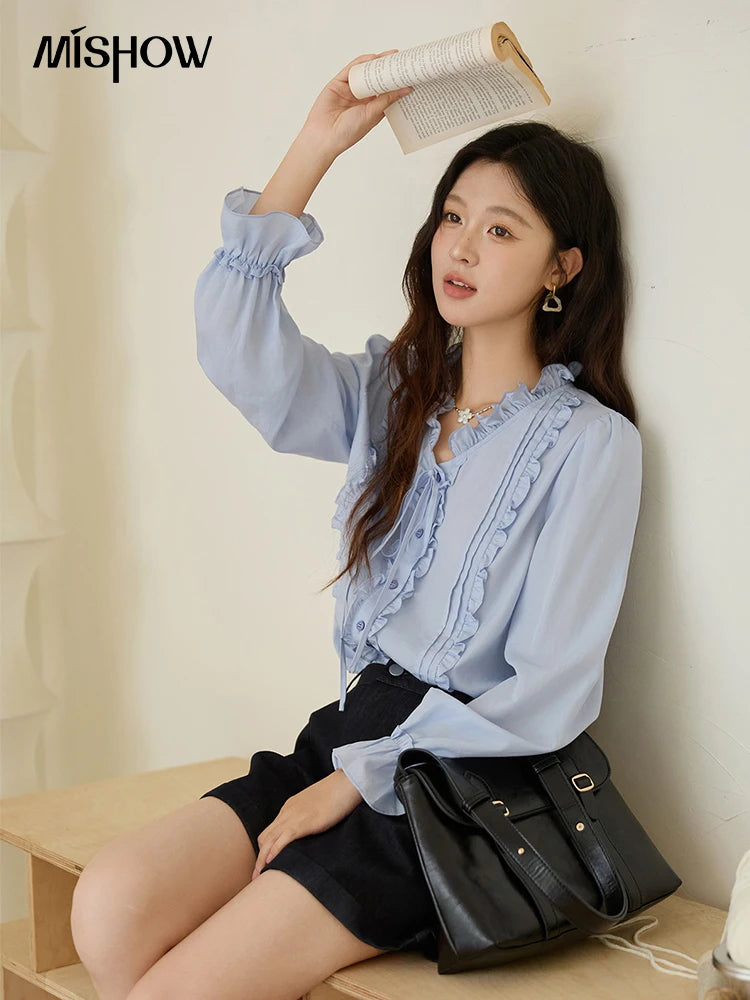 MISHOW 100% Lyocell Blue Shirt French Ruffles Ties MXE45X2484