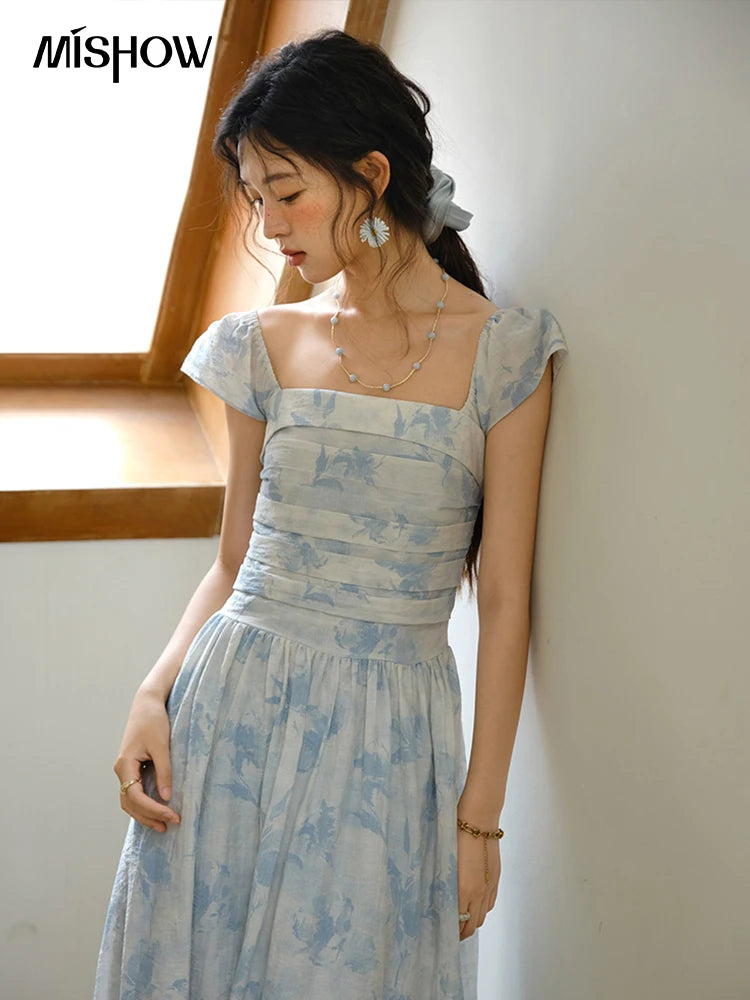 Mishow Square Neck Flying Sleeve Print Dress MXE35L2274