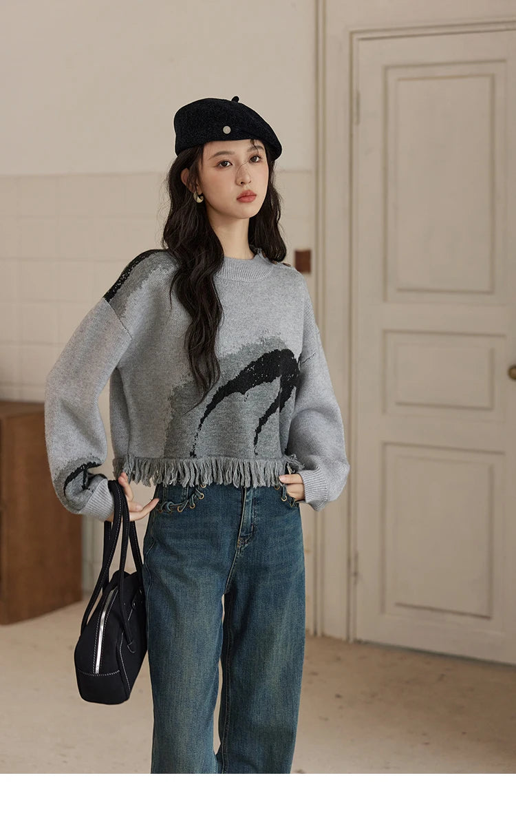 Mishow Tassel Half High Neck Lantern Sleeve Pullover MXD43Z0680