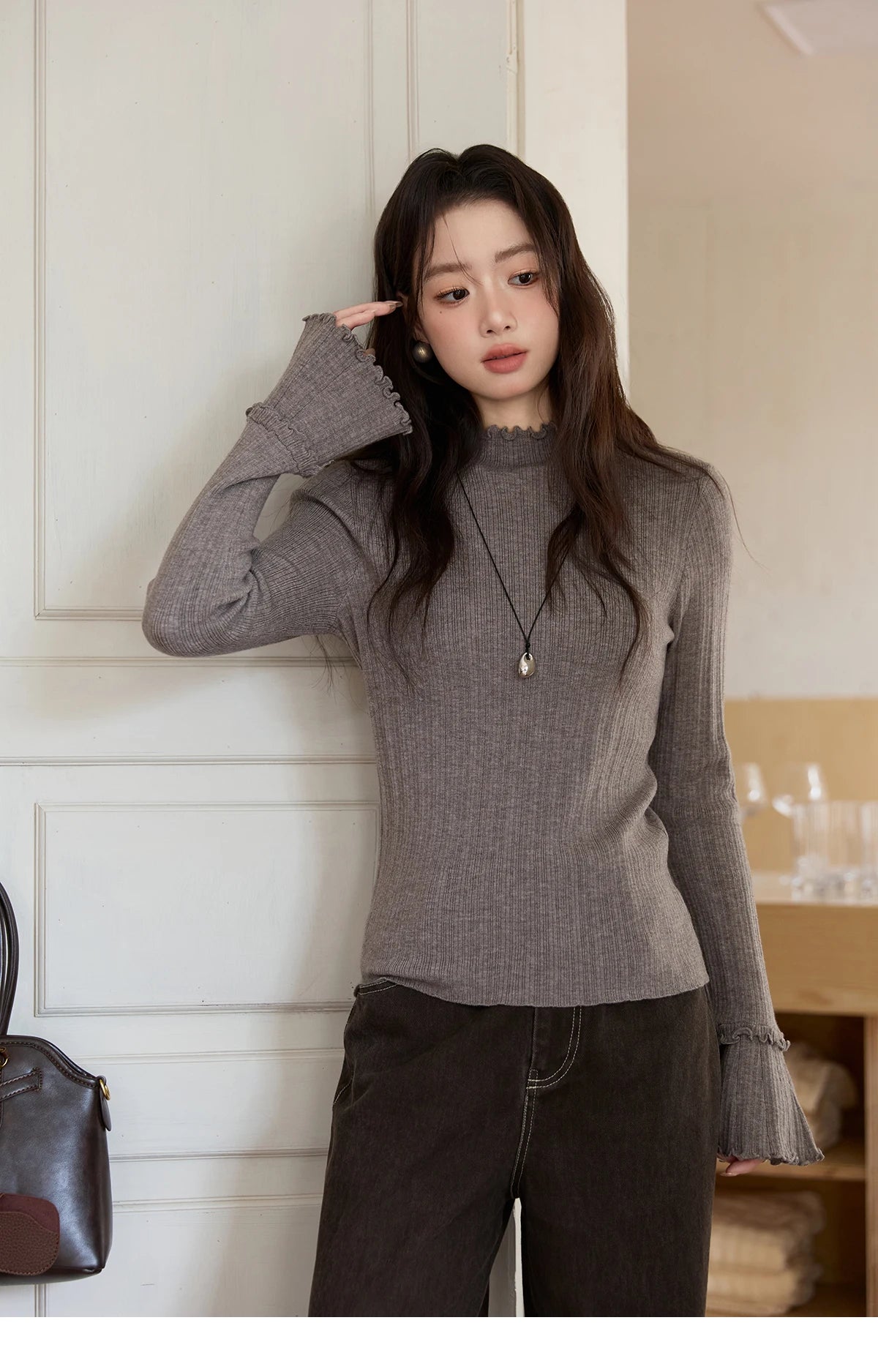 Mishow Turtleneck Wood Ear Trumpet Sleeve Top MXE51Z2552