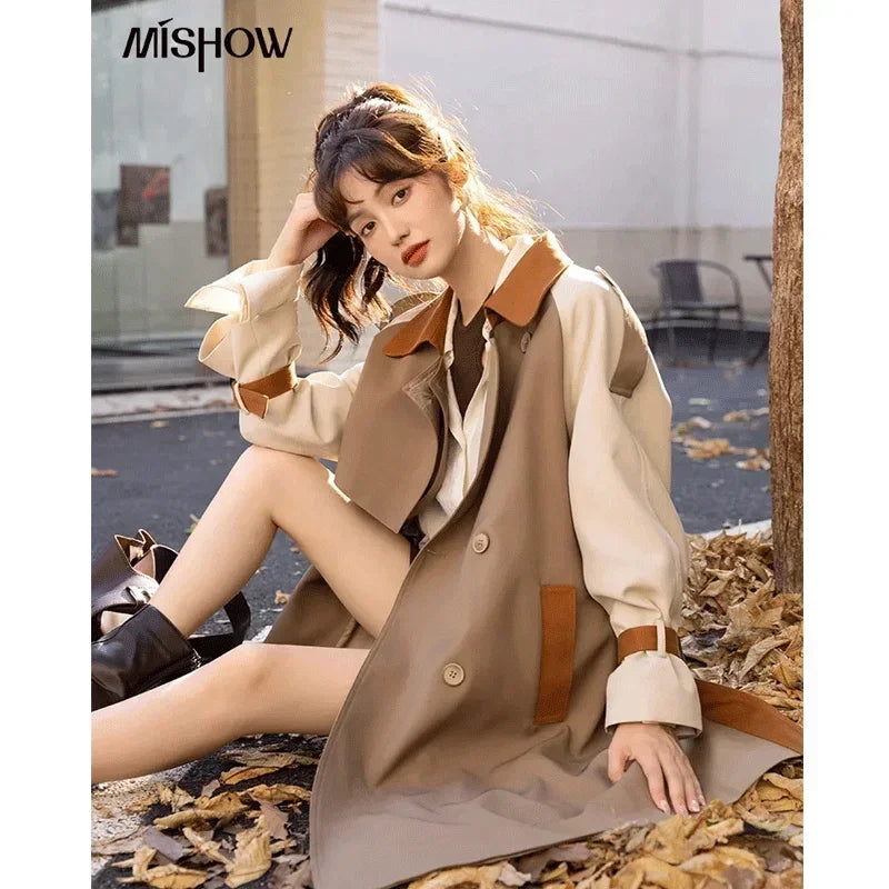 Mishow Khaki Contrast Color Spliced Trench Coat MXB31W0367