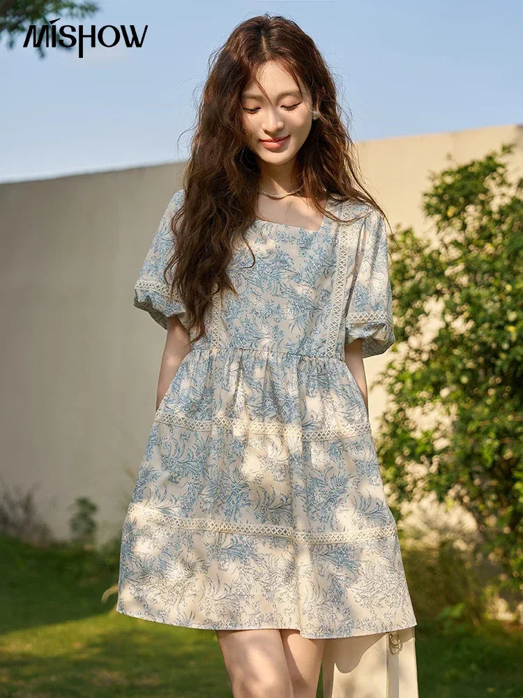Mishow Square Collar Blue Floral Puff Sleeve Dress MXC38L1520