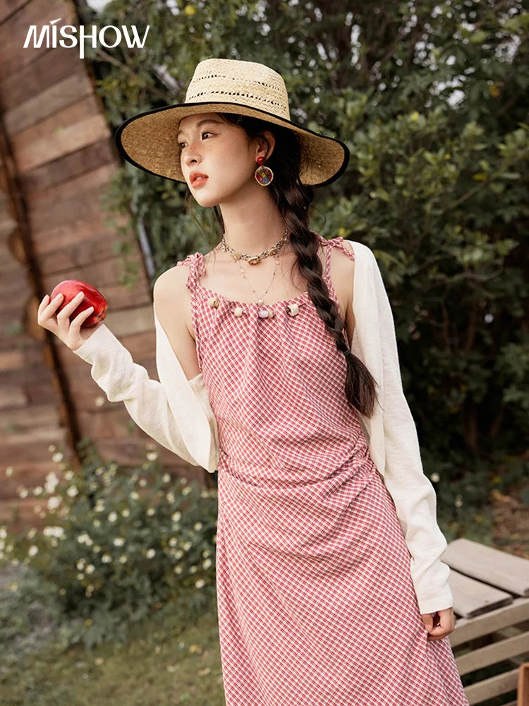 Mishow Red Plaid Sleeveless Elastic Waist Dress MXE32L2198