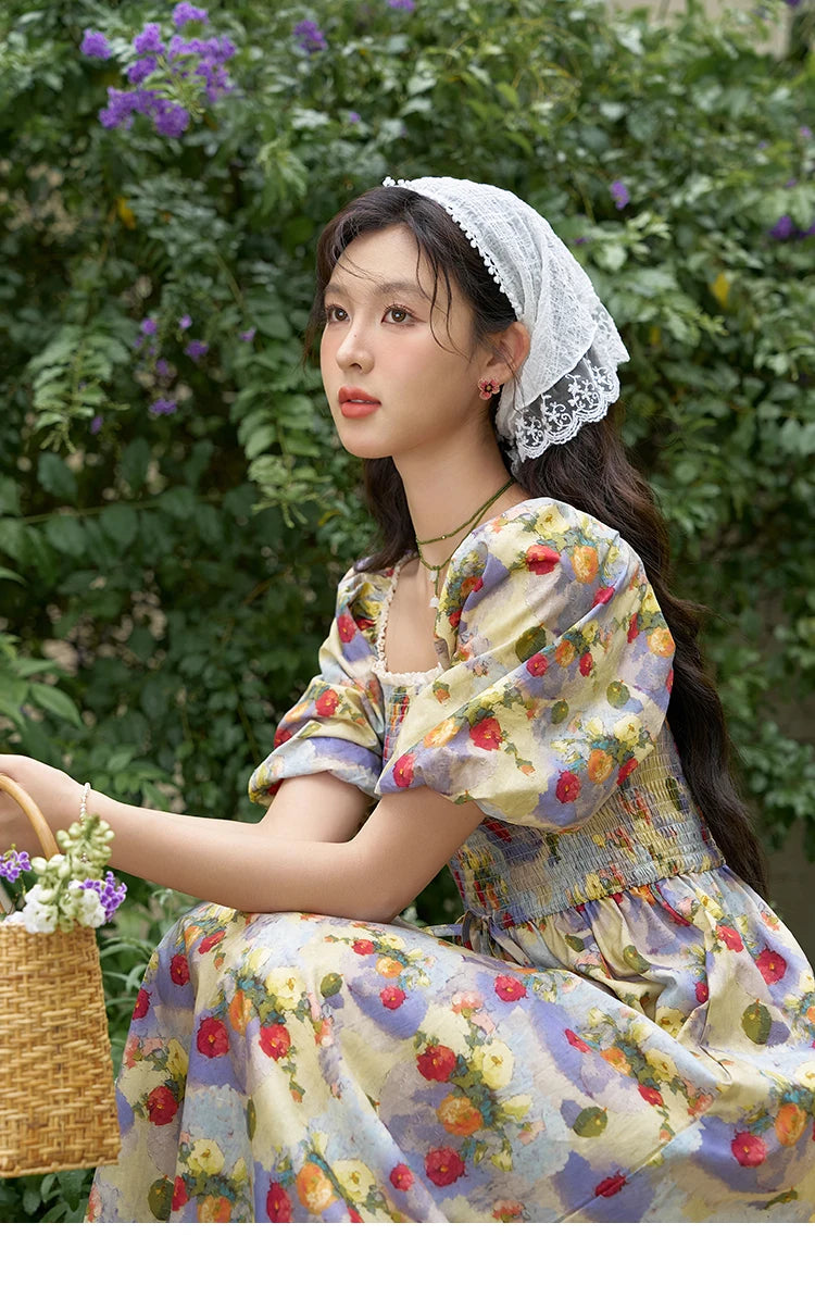 Mishow Floral Smocked Puff Sleeve Beach Dress MXD24L1905