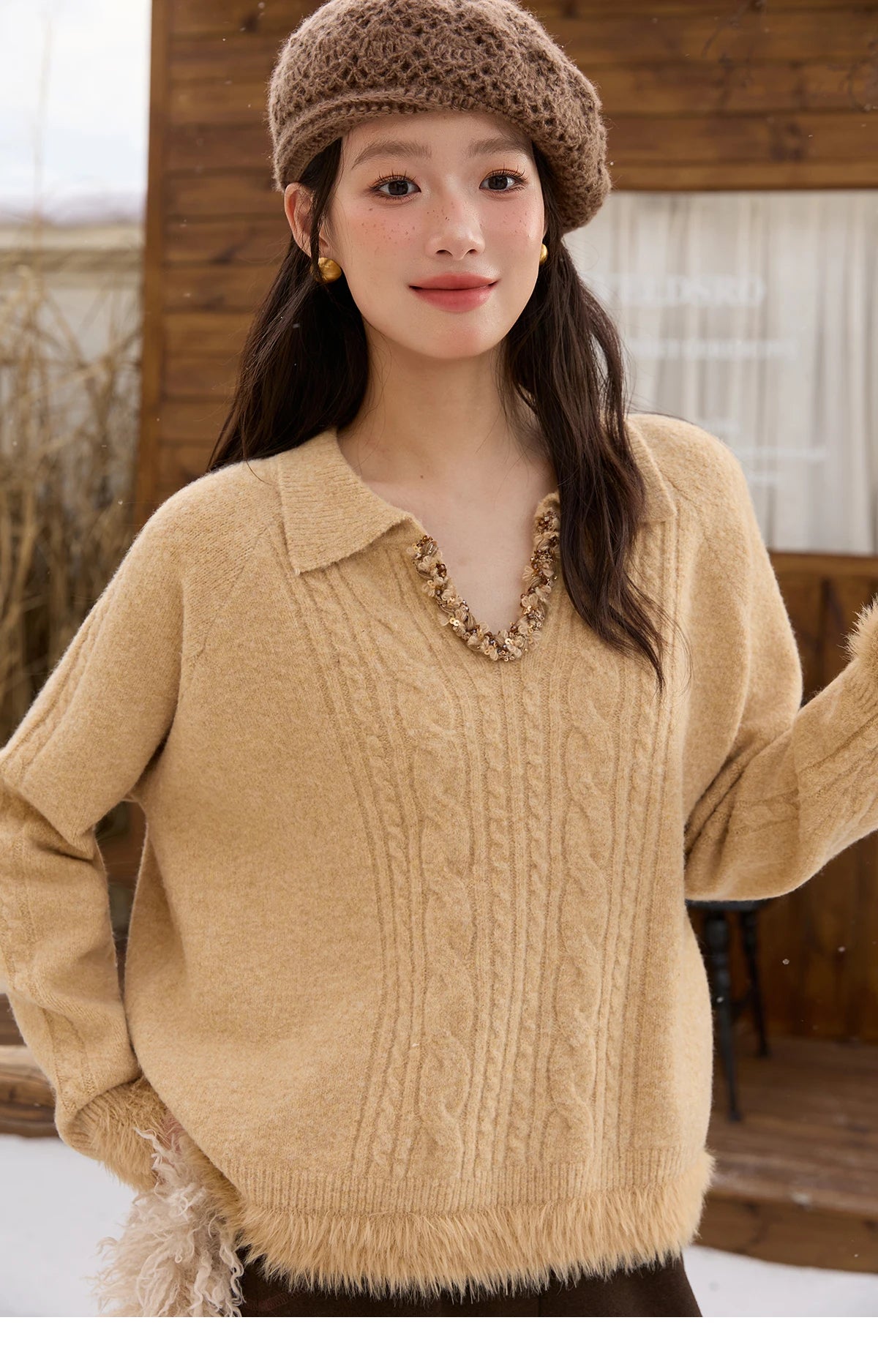 Mishow Yellow Cable Plush Hem Stitching Sweater MXE88Z2674