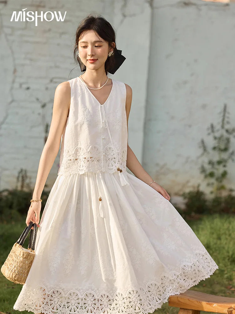 Mishow Embroidery V-Neck Lace Up Top & Elastic Waist Skirt Set MXE33T0593