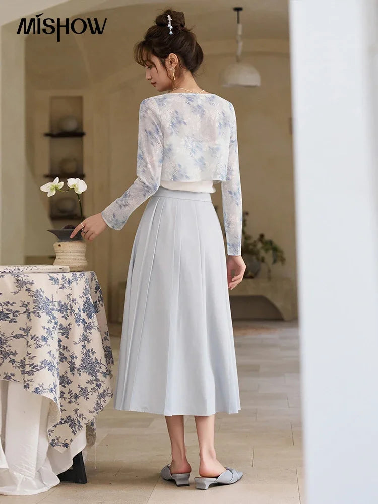 Mishow Elegant Hollow Cardigan & Camisole & Pleated Skirt Set MXD12W0342