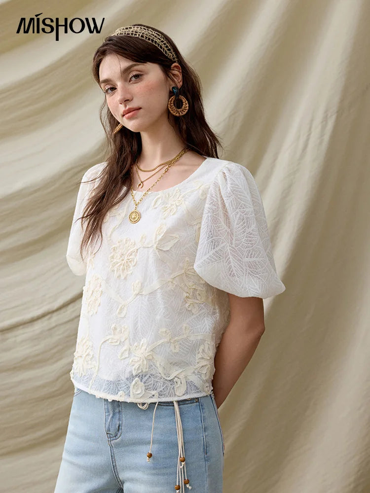 MISHOW Short Puff Sleeve Blouse Round Neck Jacquard MXE32X1772