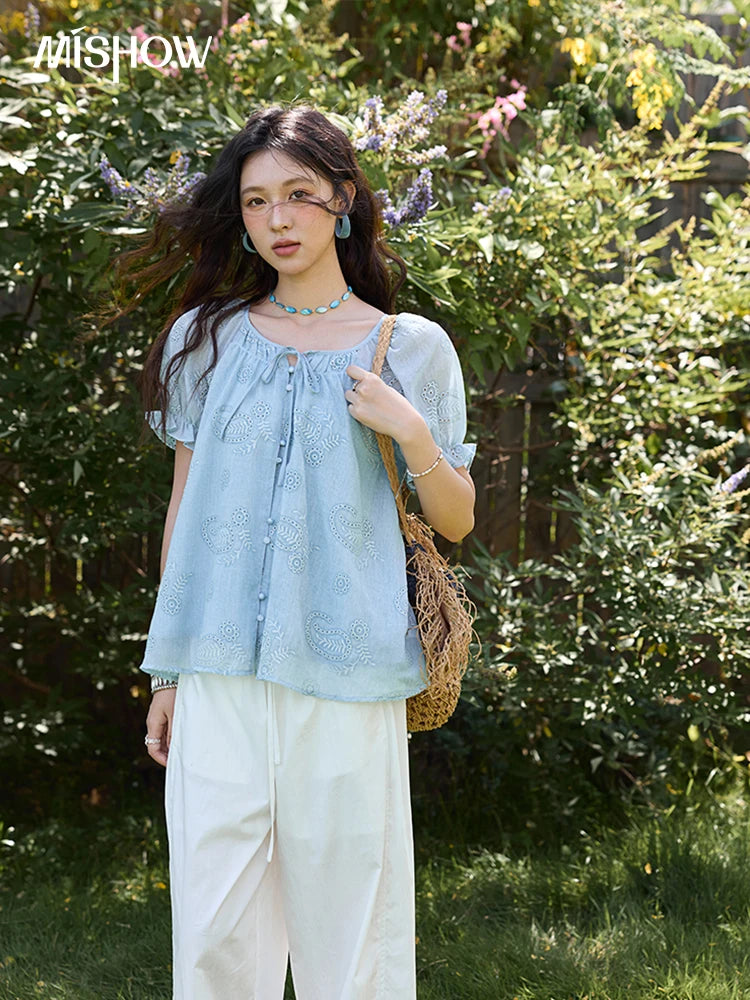 MISHOW Embroidered Flower Shirt Puff Sleeve Round Neck MXE39X1922