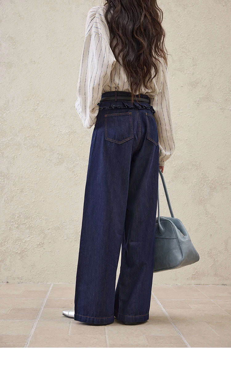 Mishow Stitching Ruffle High Waist Wide Leg Jeans MXE16K0907