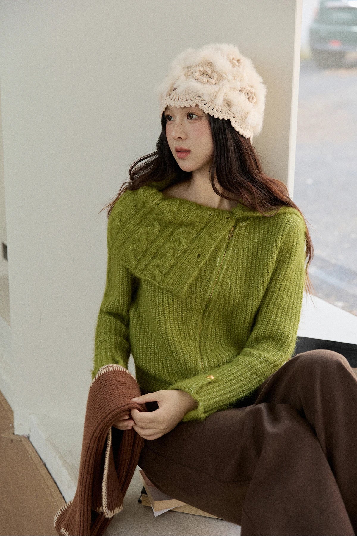 Mishow Green Wool Blend Long-Pile Large Lapel Pullover MXE90Z2760