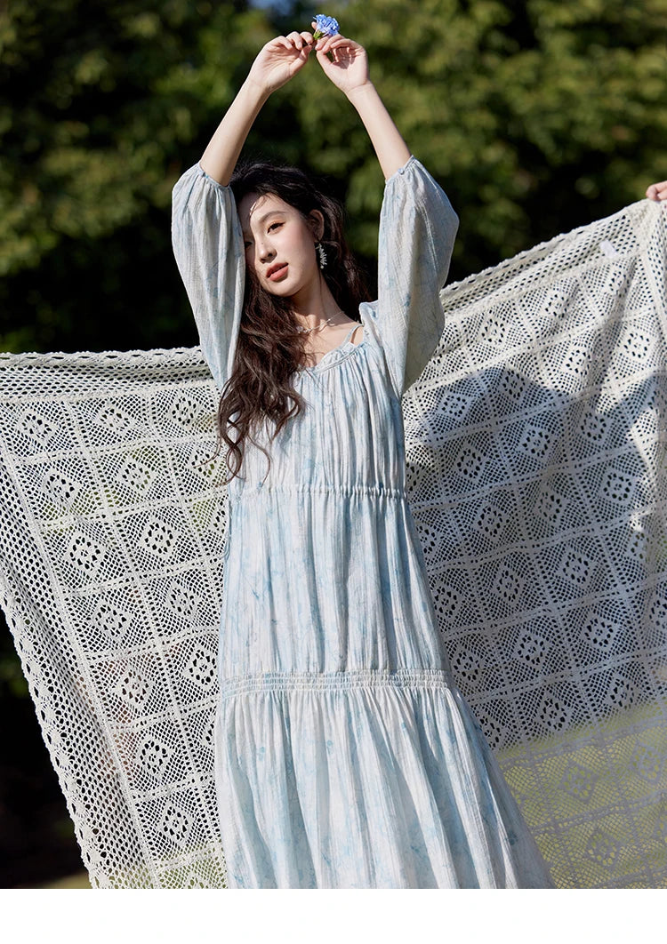 Mishow Blue Floral Chiffon Drawstring Lantern Sleeve Dress MXE16L2114