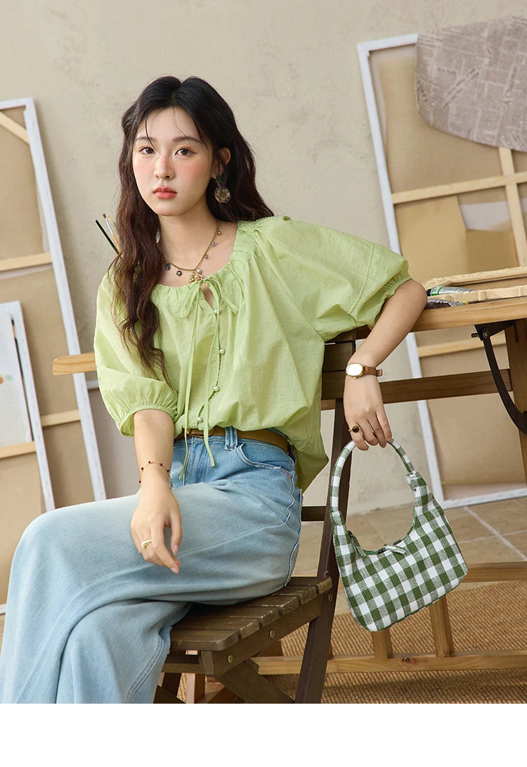 MISHOW Round Neck Blouse Lace Up Puff Sleeve MXE36X1875
