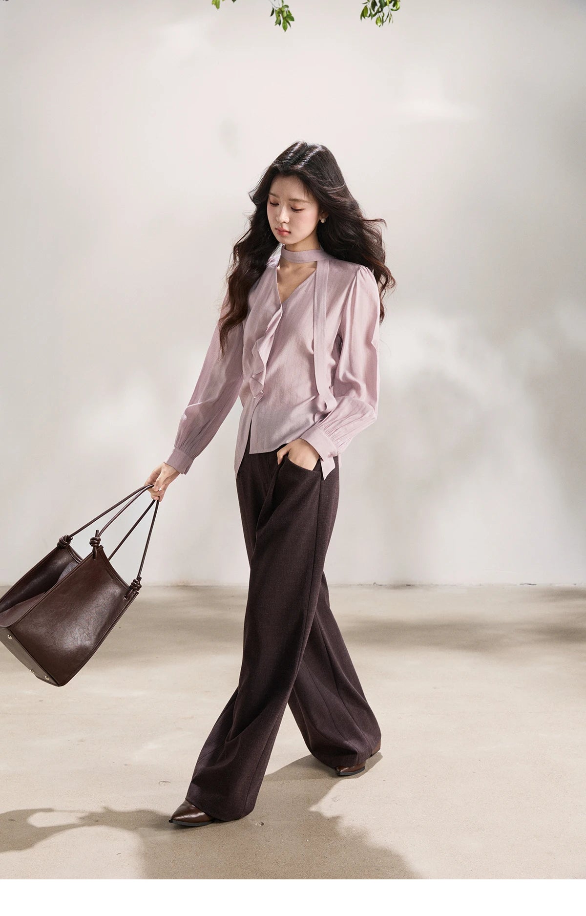 MISHOW Women's Purple Ribbon V-Neck Ruffled Shirt MXF13X2527