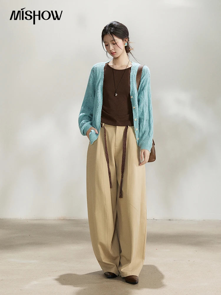 Mishow Blue Hollow Out V-Neck Wool Cardigan MXF13Z2975
