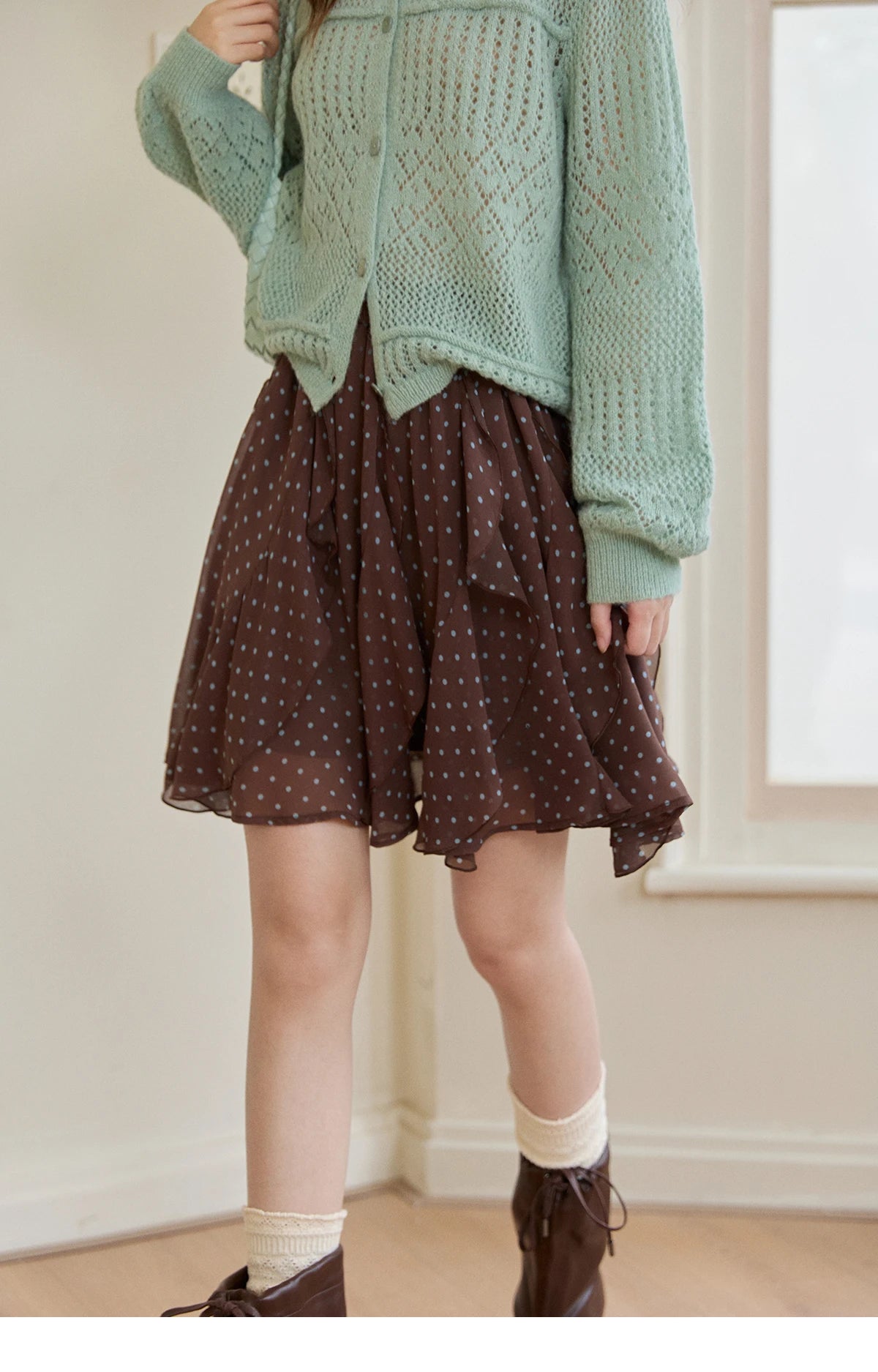 Mishow Brown Polka Dot Ruffled Chiffon Mini Skirt MXF13B2476