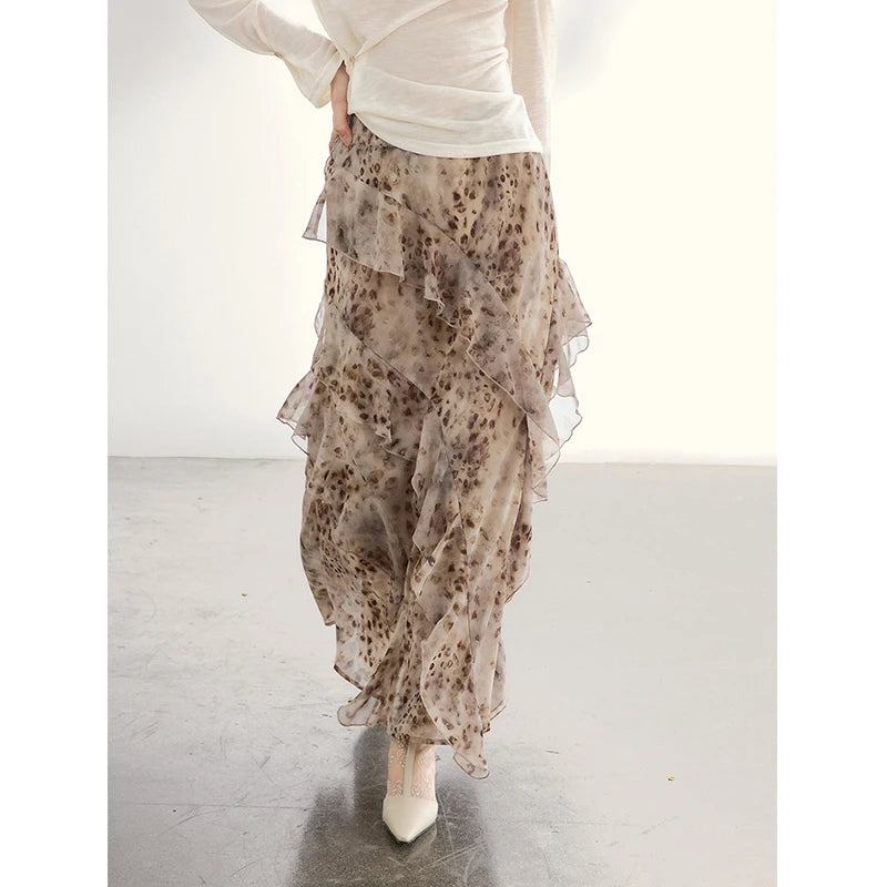 MISHOW Leopard Print Maxi Skirt Ruffled Chiffon Elastic Waist MXF108B0772