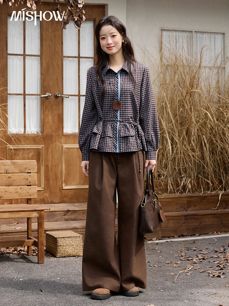 MISHOW Blue Plaid Shirt Lantern Sleeves Ruffled Hem MXE89C2420