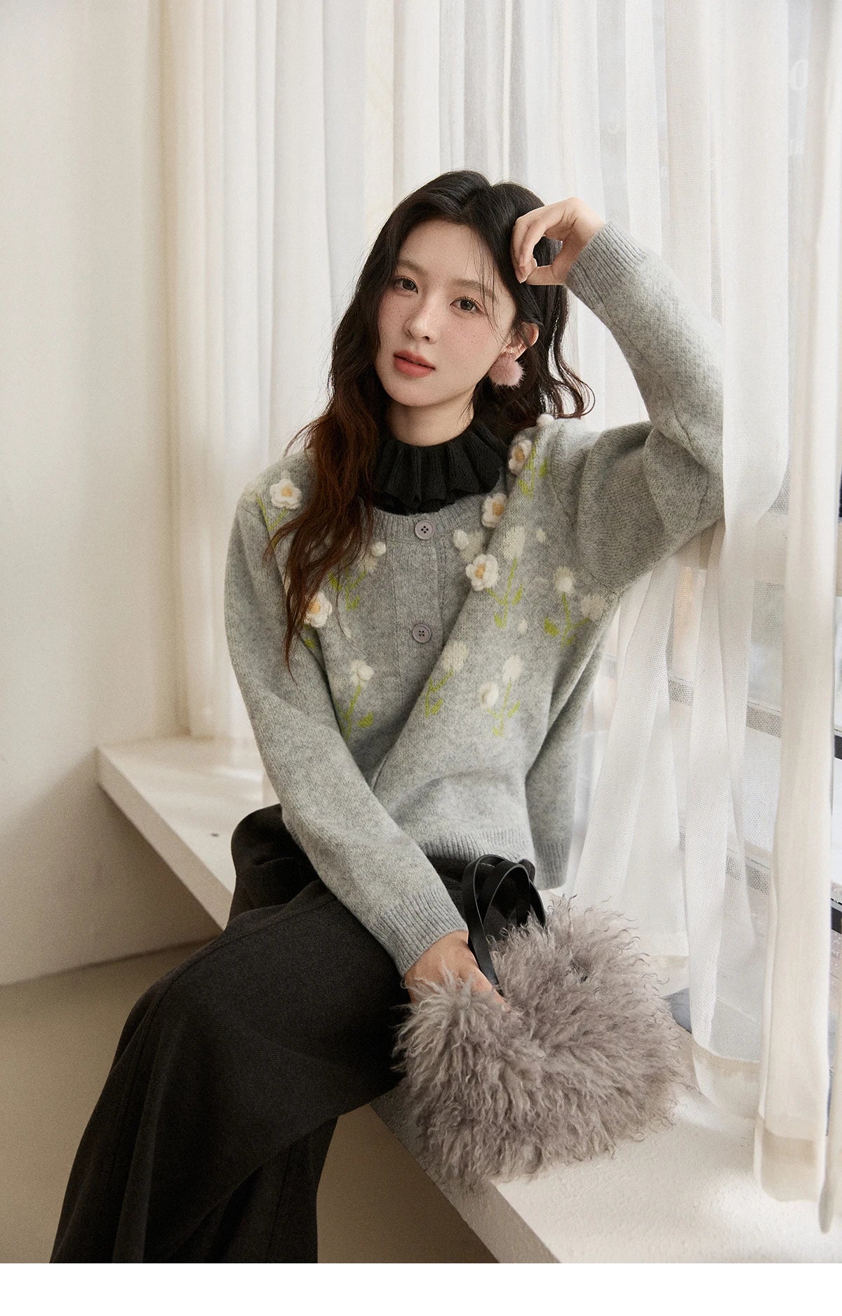 Mishow Gray Flower Embroidery Round Collar Cardigan MXE91Z2836