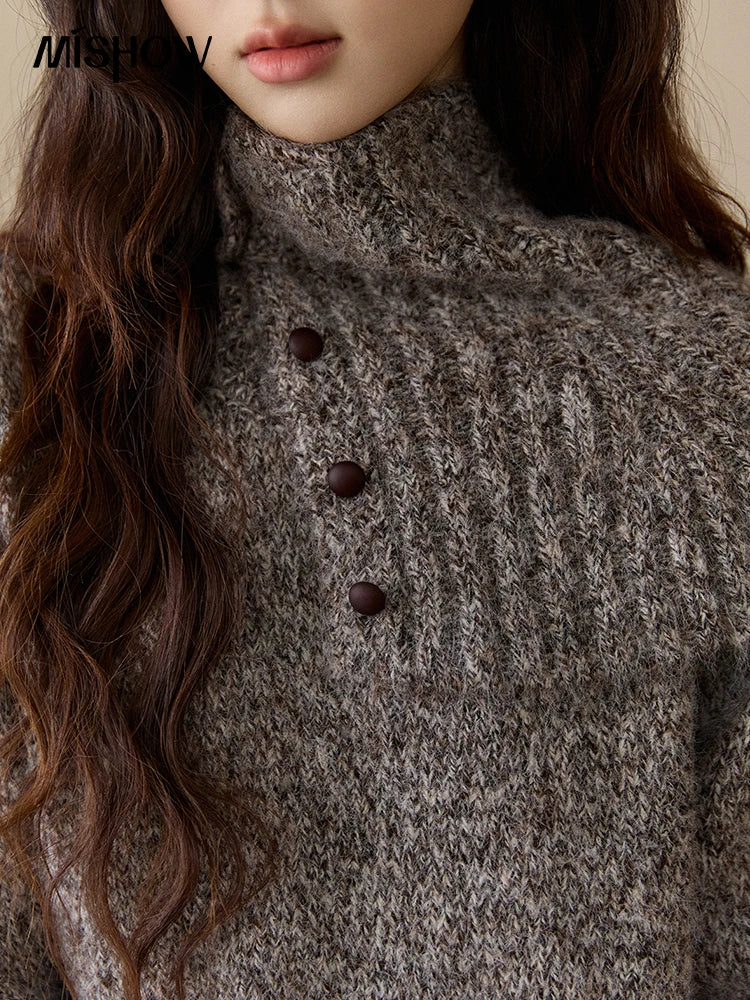 Mishow Gray Textured Button Sweater with Neckwear Scarf MXE94Z2978