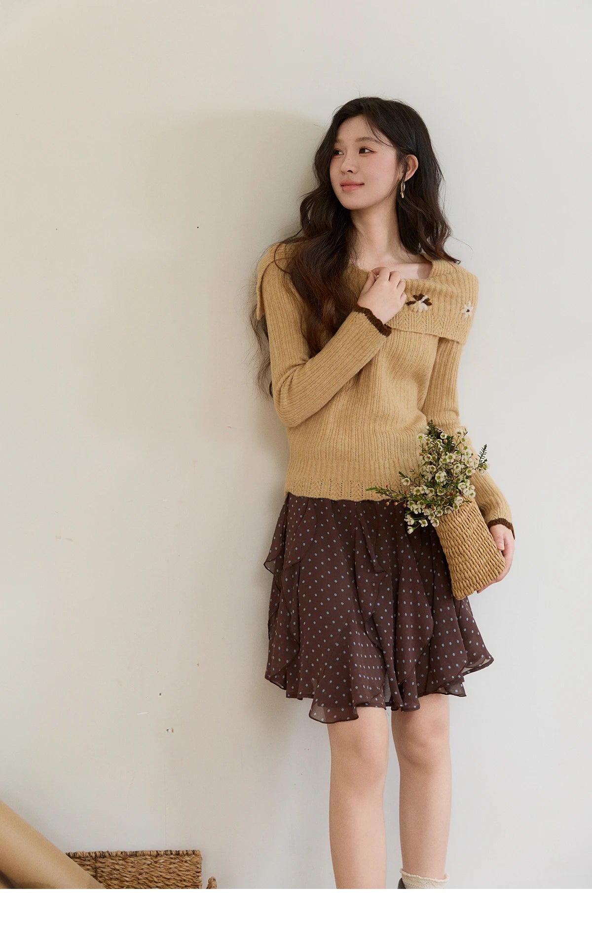 Mishow Yellow One Shoulder Floral Ribbed Sweater MXF11Z2894