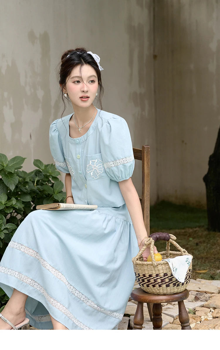 MISHOW Blue Lace Patchwork Top Elastic Waist Skirt Set MPD22B0450