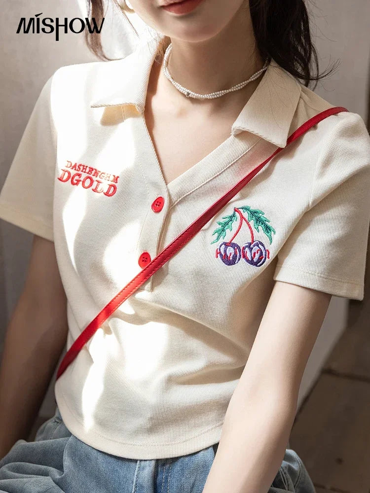 Mishow Korean Polo Collar Embroidery Letter Tee MXB32T0477