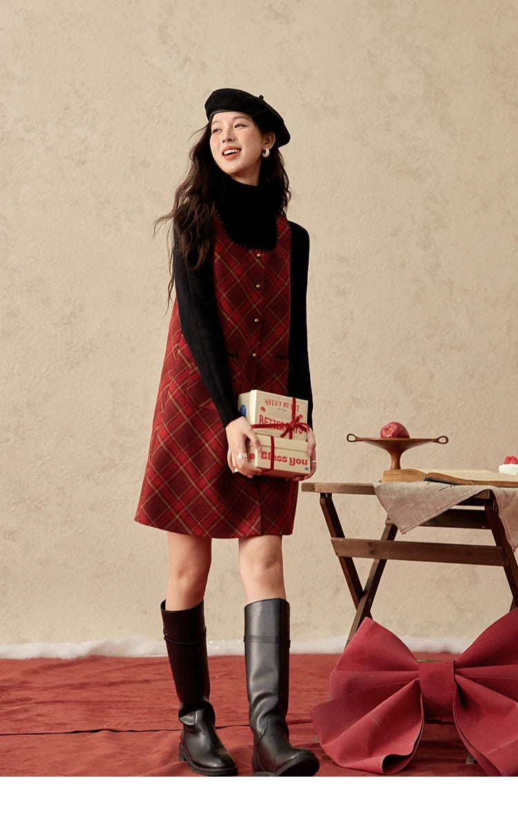 Mishow Plaid Square Neck Woolen Vest Dress MXD58L2078