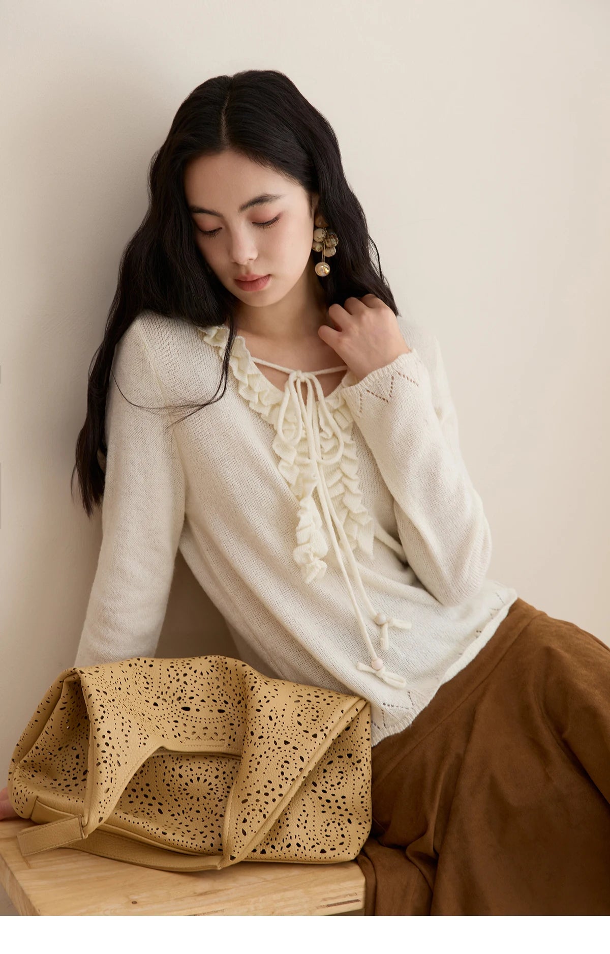 Mishow Beige V-Neck Wood Ear Hollow Sweater MXE51Z2595