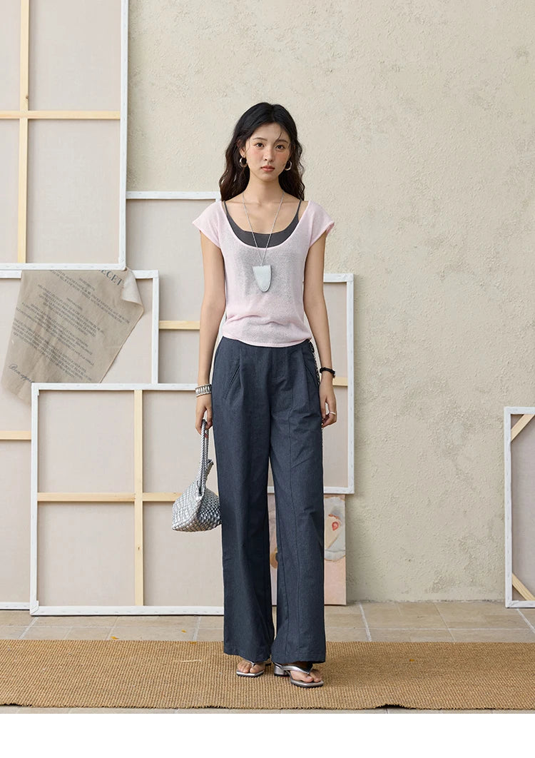 Mishow Linen Contrast Fake Two-Piece Knit Tee MXE36Z1277