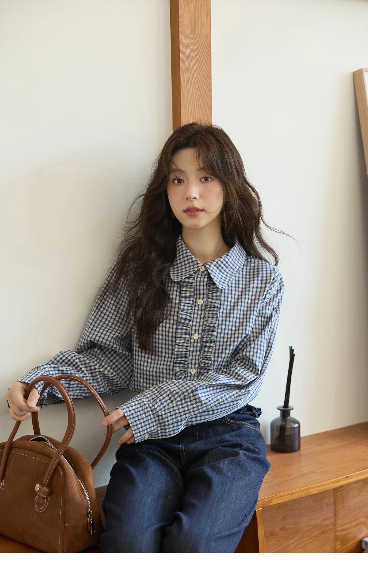 MISHOW Blue Plaid Cotton Shirt Doll Collar Dropped Shoulder MXE44C2391