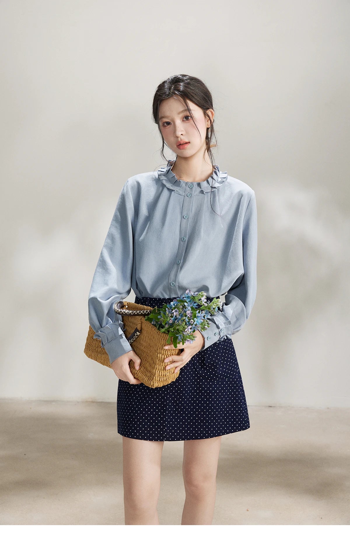 MISHOW Peach Skin Solid Shirt Ruffled Crew Neck MXF11C2431