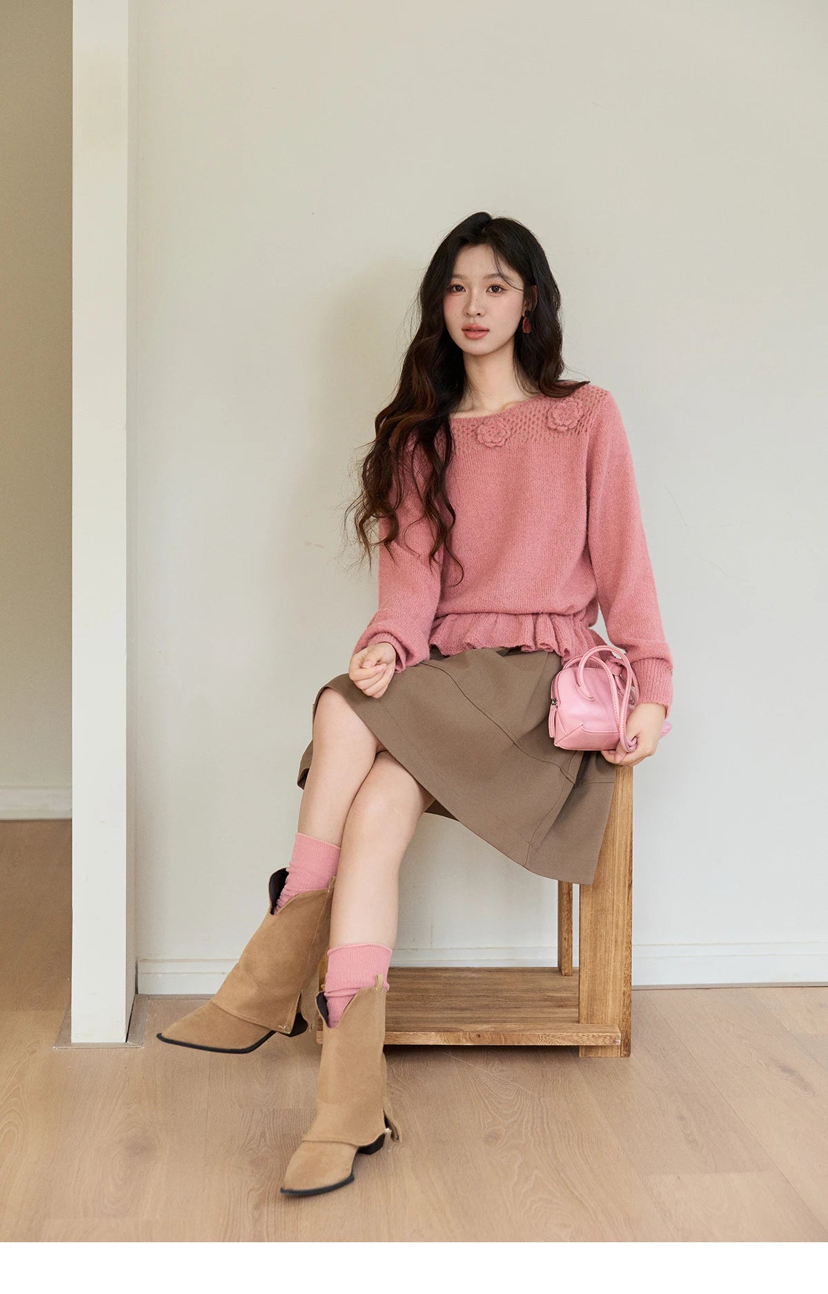 Mishow Pink Hollow Floral Ruffled Hem Sweater MXE94Z2865