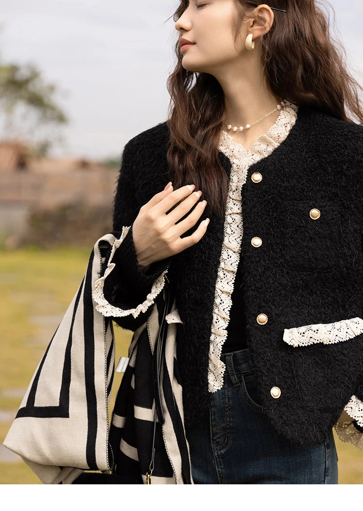 MISHOW Wool Coat Lace Splicing Lamb Wool Button Pockets MXB43W0720