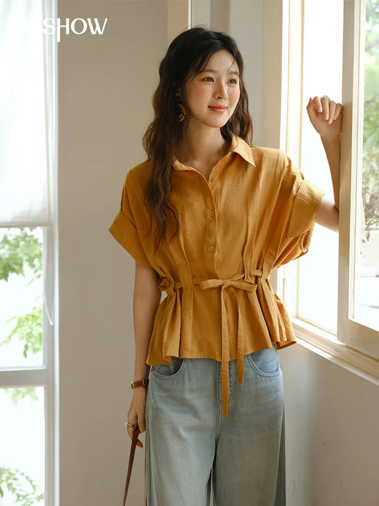 MISHOW Orange Lace Up Button Shirt Turn-Down Collar MXE37C0809