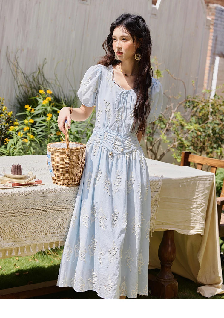 Mishow Blue Square Neck Bubble Sleeve Cotton Dress MXE35L2234