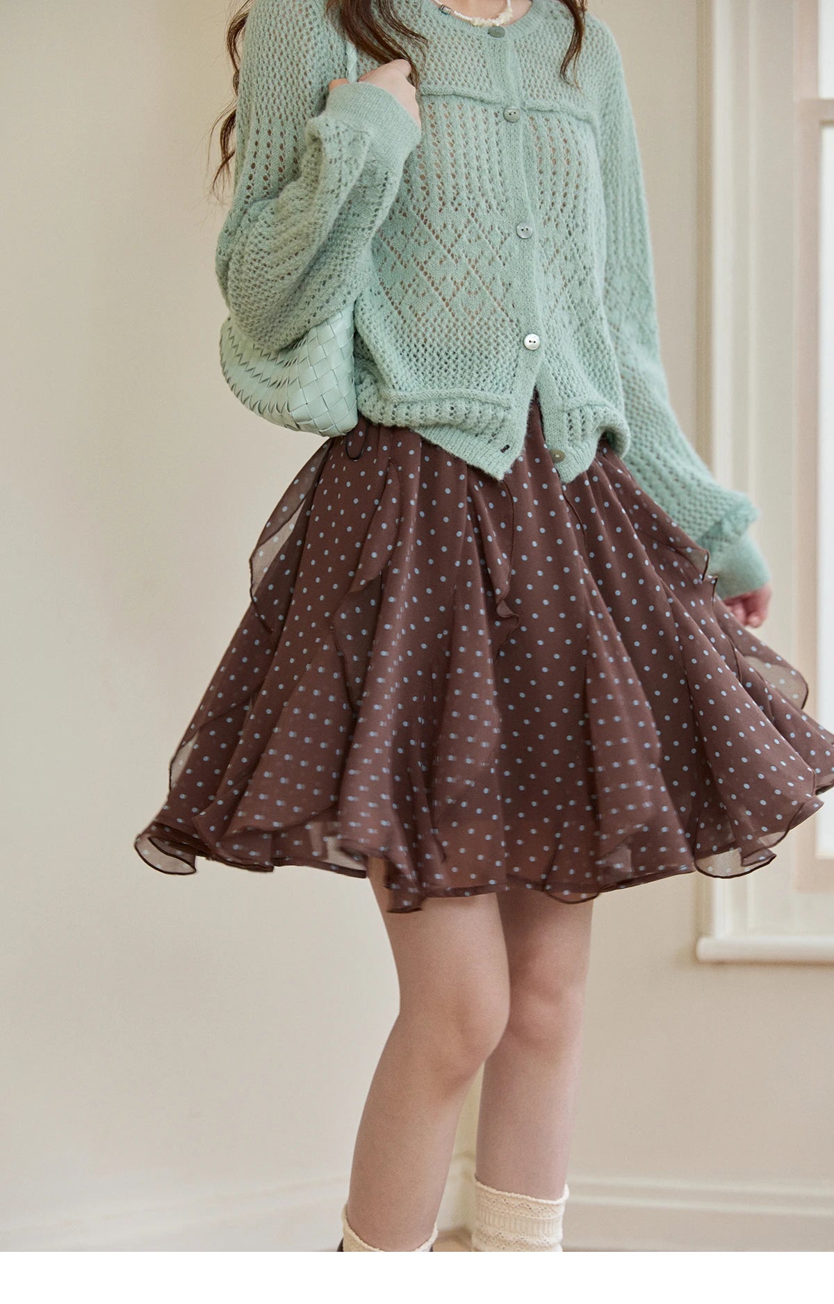 Mishow Brown Polka Dot Ruffled Chiffon Mini Skirt MXF13B2476