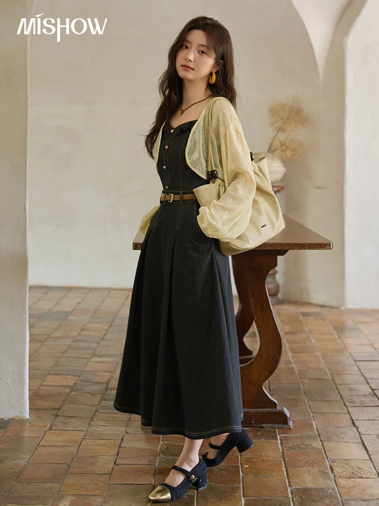 Mishow Lantern Sleeve Cardigan & Denim Strap Dress Set MXE41T0704