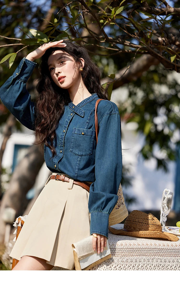MISHOW 100% Cotton Denim Shirt O-Neck Loose Fit MXE12C0384
