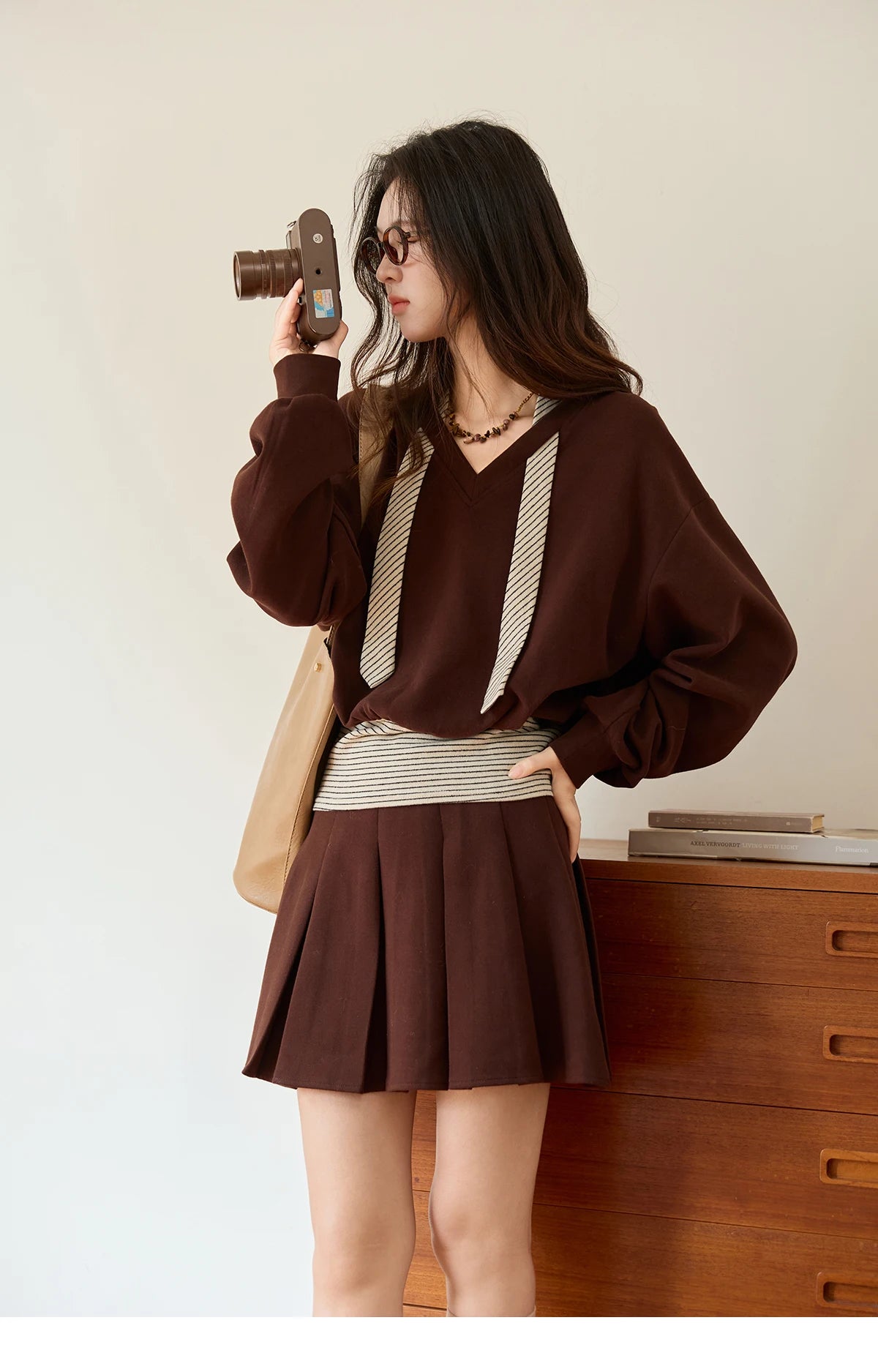 Mishow Retro Brown V-Neck Sweatshirt & Pleated Skirt Suit MXE47T1415