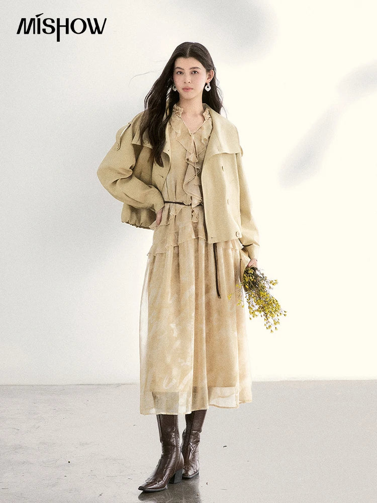 MISHOW Light Yellow Chiffon Maxi Dress V-Neck Ruffled Belted MXF11L2554