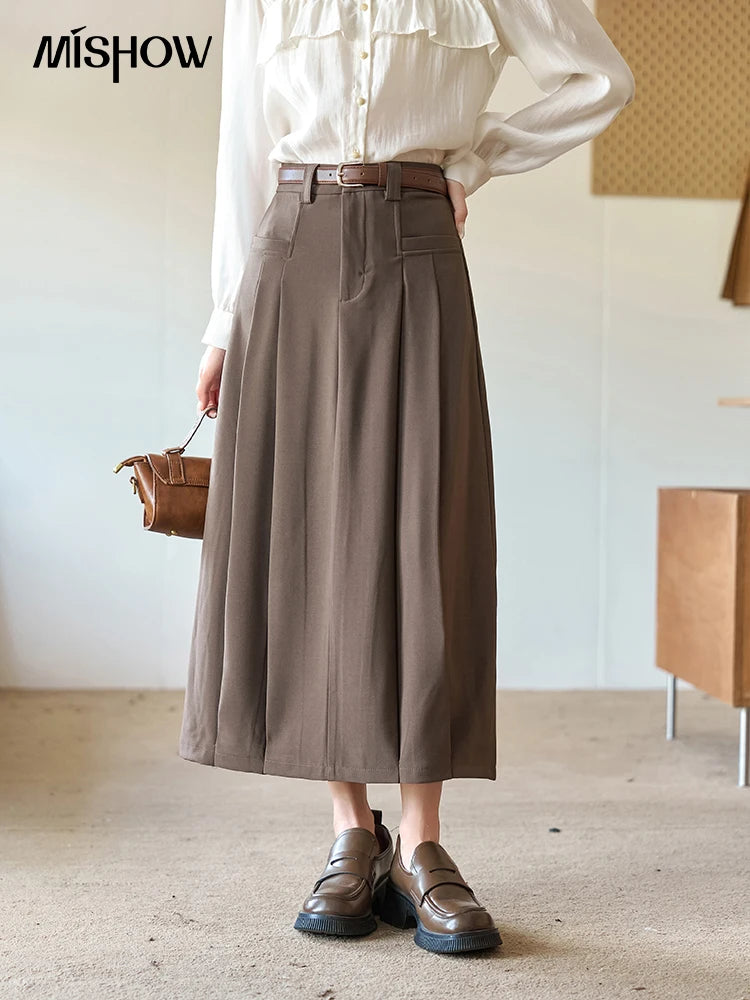 MISHOW Pleated Midi Skirt A-LINE Pockets Split Back Hem MXC42B0118