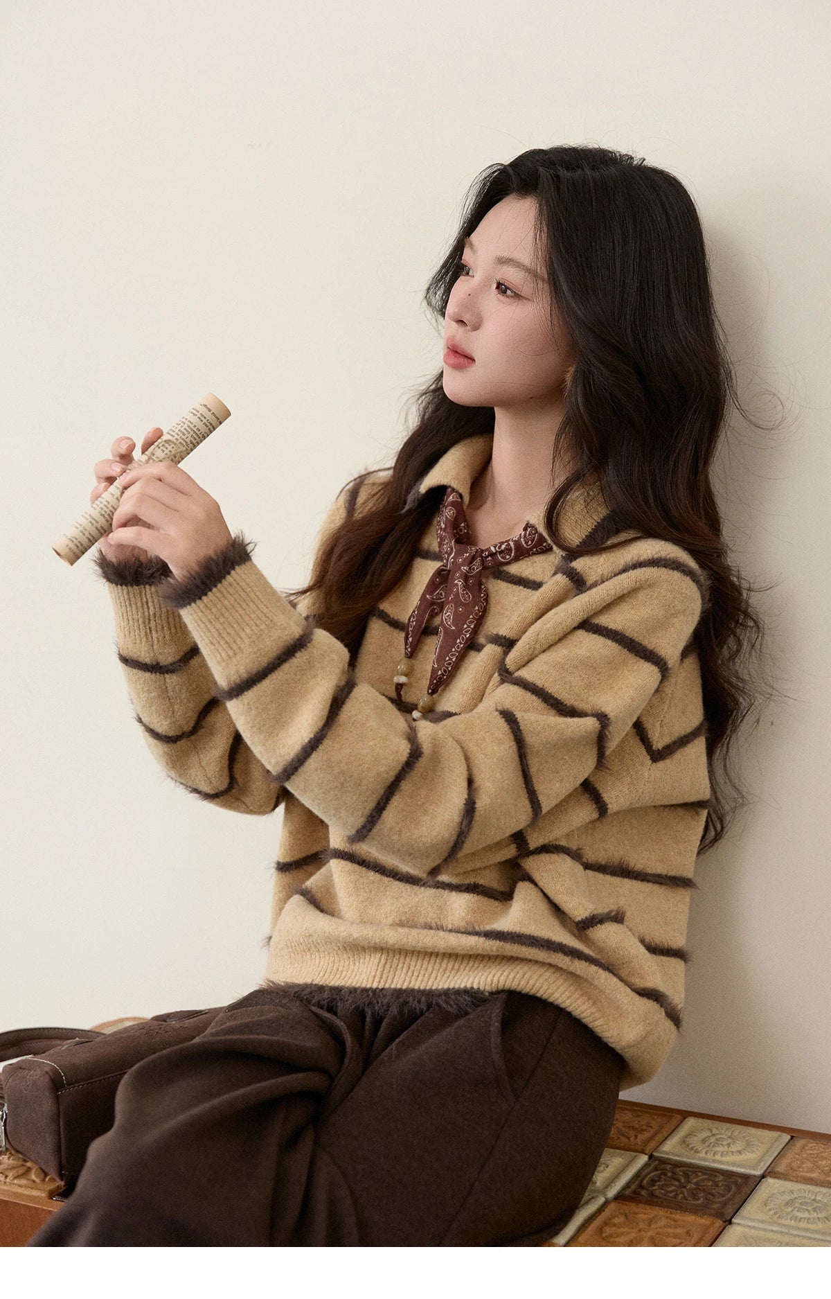 Mishow Faux Mink Fur Striped Lapel Tassel Sweater MXE93Z2945