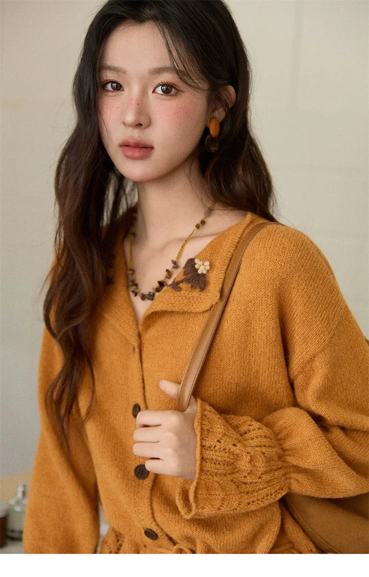 Mishow Orange Openwork Crochet Flared Sleeve Cardigan MXE87Z2685
